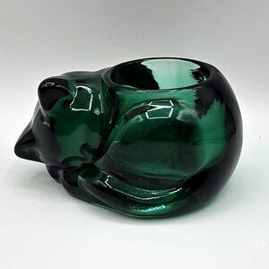 Vintage Indiana Glass Emerald Green Sleeping Cat Kitty Votive Candle Holder *EUC